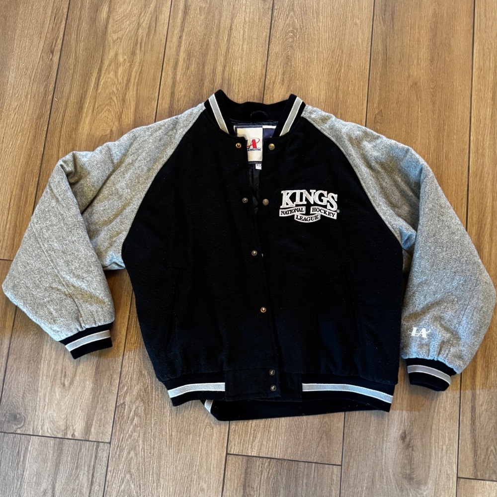 Vintage Logo Athletic NHL Los Angeles Kings Varsity Jacket XL Black Grey Wool